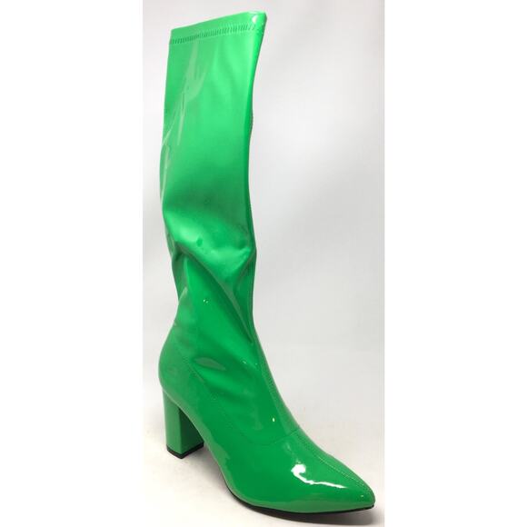 Bold Green Faux Glossy Patent Knee High Chunky Heel Zip Boots Women's Size 9 - Picture 1 of 6